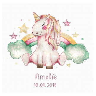 Vauvan syntymätaulu Yksisarvinen, joka tehdään ristipistoin.