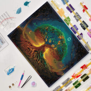 Varvikkaan timanttimaalaus Kosmiset Juuret 40x50 pakkauksen sisältö. 