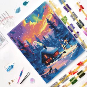 Varvikkaan timanttimaalaus Talvimökki 40x50 pakkauksen sisältö. 