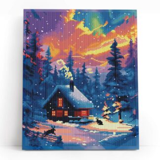 Varvikkaan timanttimaalaus Talvimökki 40x50 pyöreillä timanteilla.