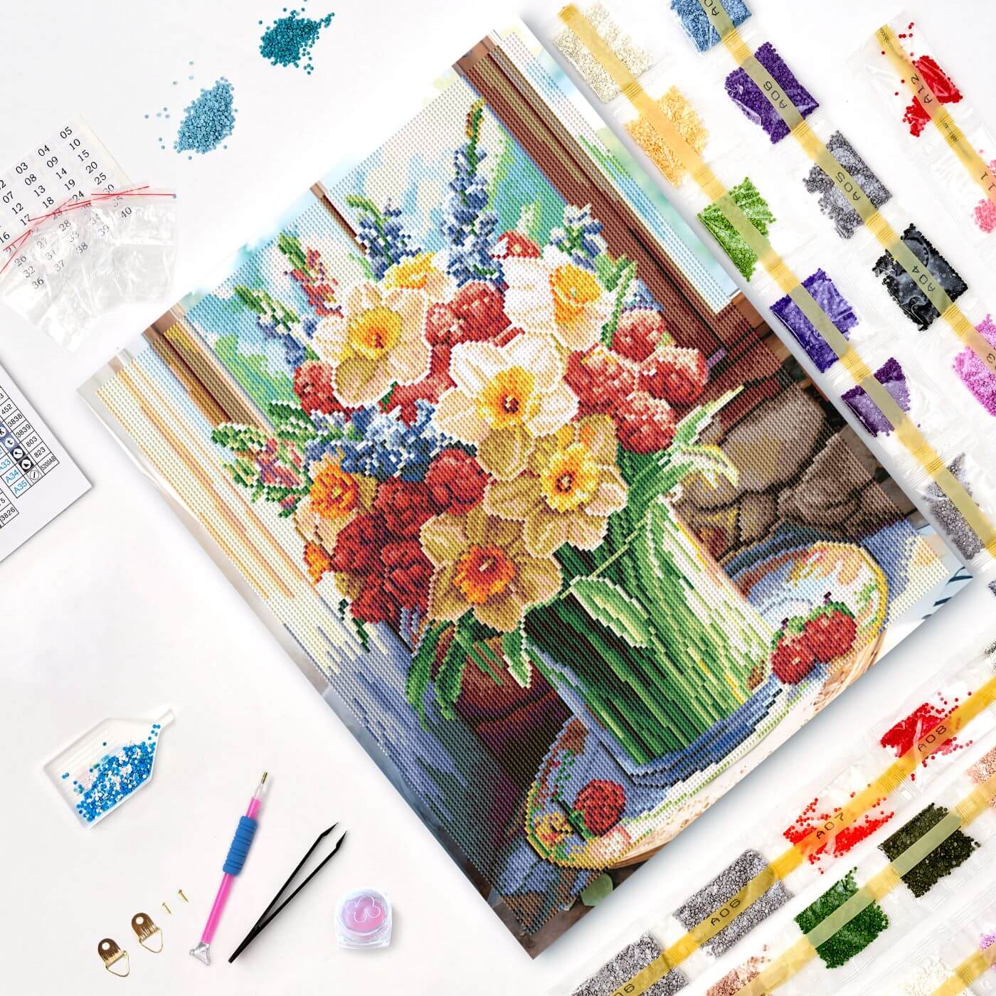 Varvikkaan timanttimaalaus Kesä Maljakossa tarvikkeet.