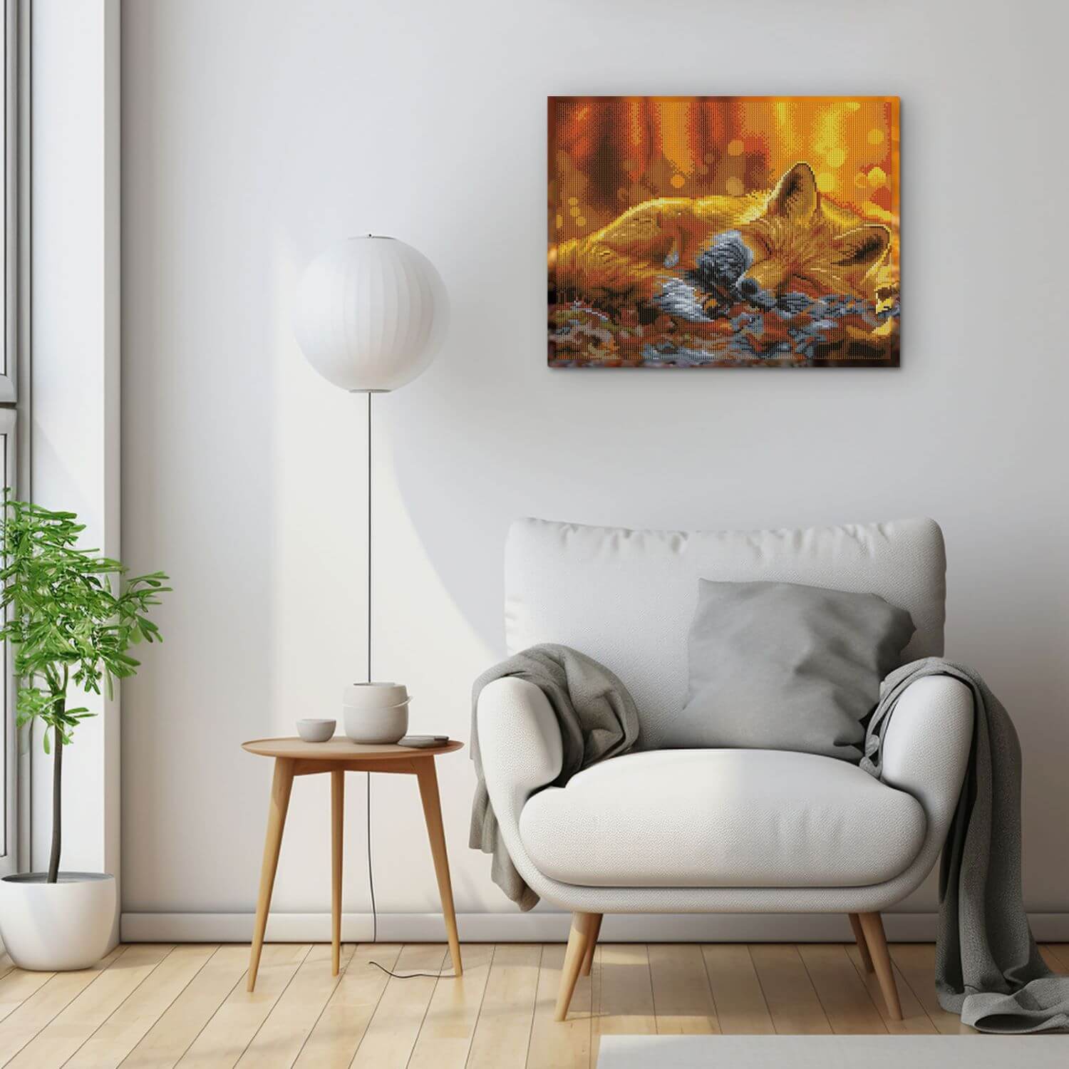 Varvikkaan timanttimaalaus Uneksiva Pikku Kettu sisustukessa.