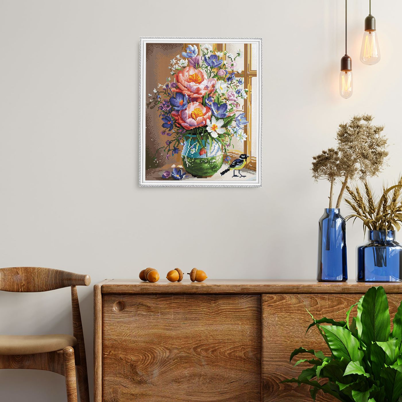 Varvikkaan timanttimaalaus Puutarhan Henki 40x50 sisustuksessa.