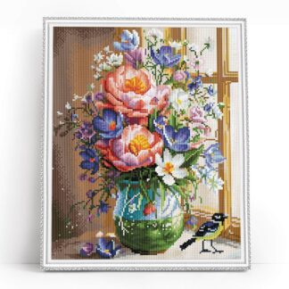 Varvikkaan timanttimaalaus Puutarhan Henki 40x50 pyöreillä timanteilla ja painetulla kehyksellä.