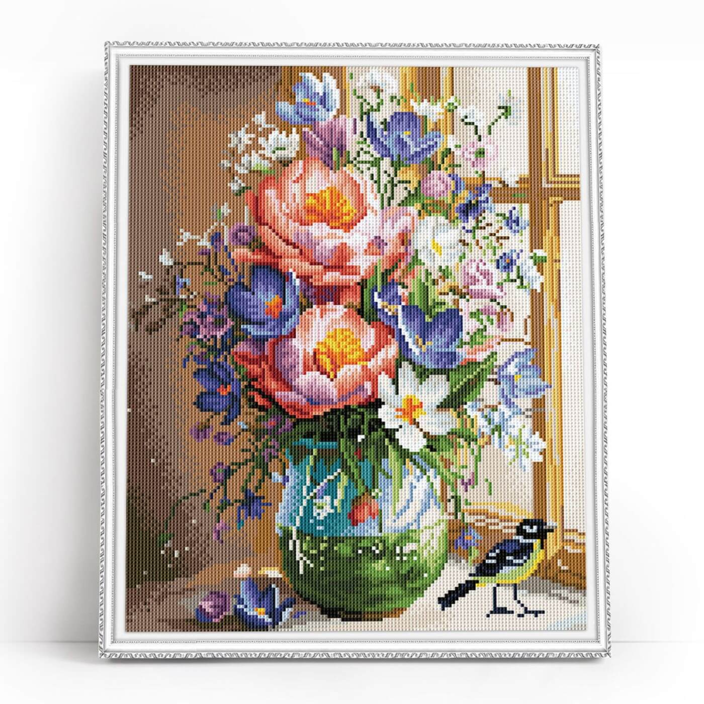 Varvikkaan timanttimaalaus Puutarhan Henki 40x50 pyöreillä timanteilla ja painetulla kehyksellä.