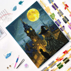 Varvikkaan timanttimaalaus Kuun Lumous 40x50 pakkauksen täydellinen sisältö. 