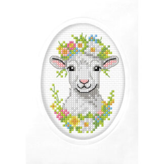 Orchidean ristipistokortti Lammas aidakankaalla ja muliinilangoilla.